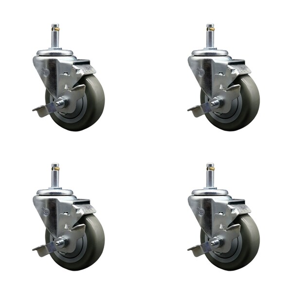Service Caster 3.5'' Gray Poly Swivel 7/16'' Grip Ring Stem Caster Set with Brake, 4PK SCC-GR20S3514-PPUB-TLB-716138-4 - main